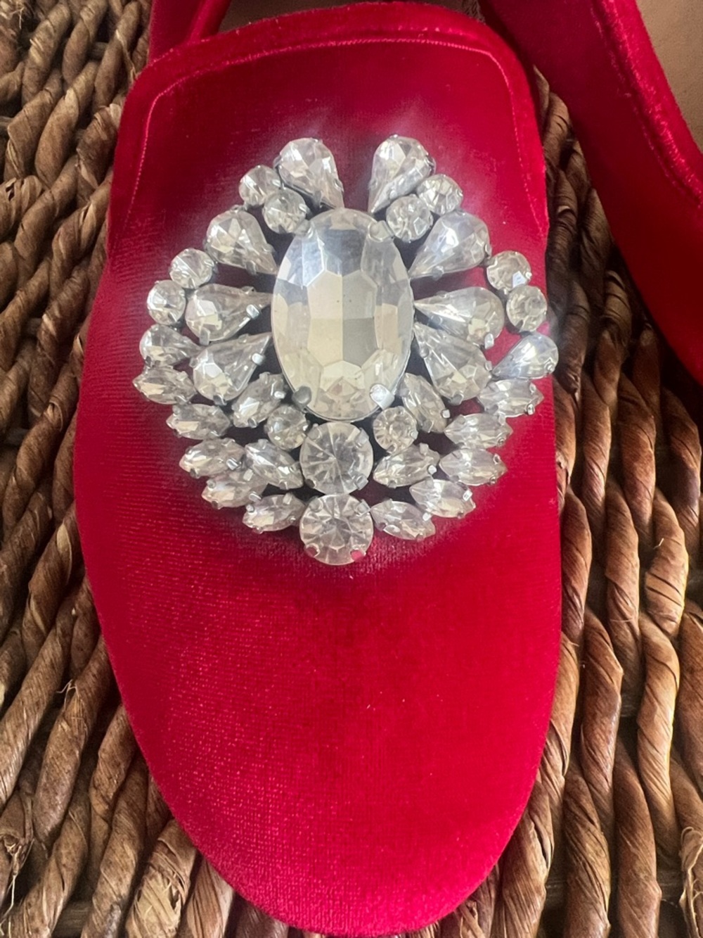 Red Velvet Jeweled Women's Loafers - Picture 2 of 9